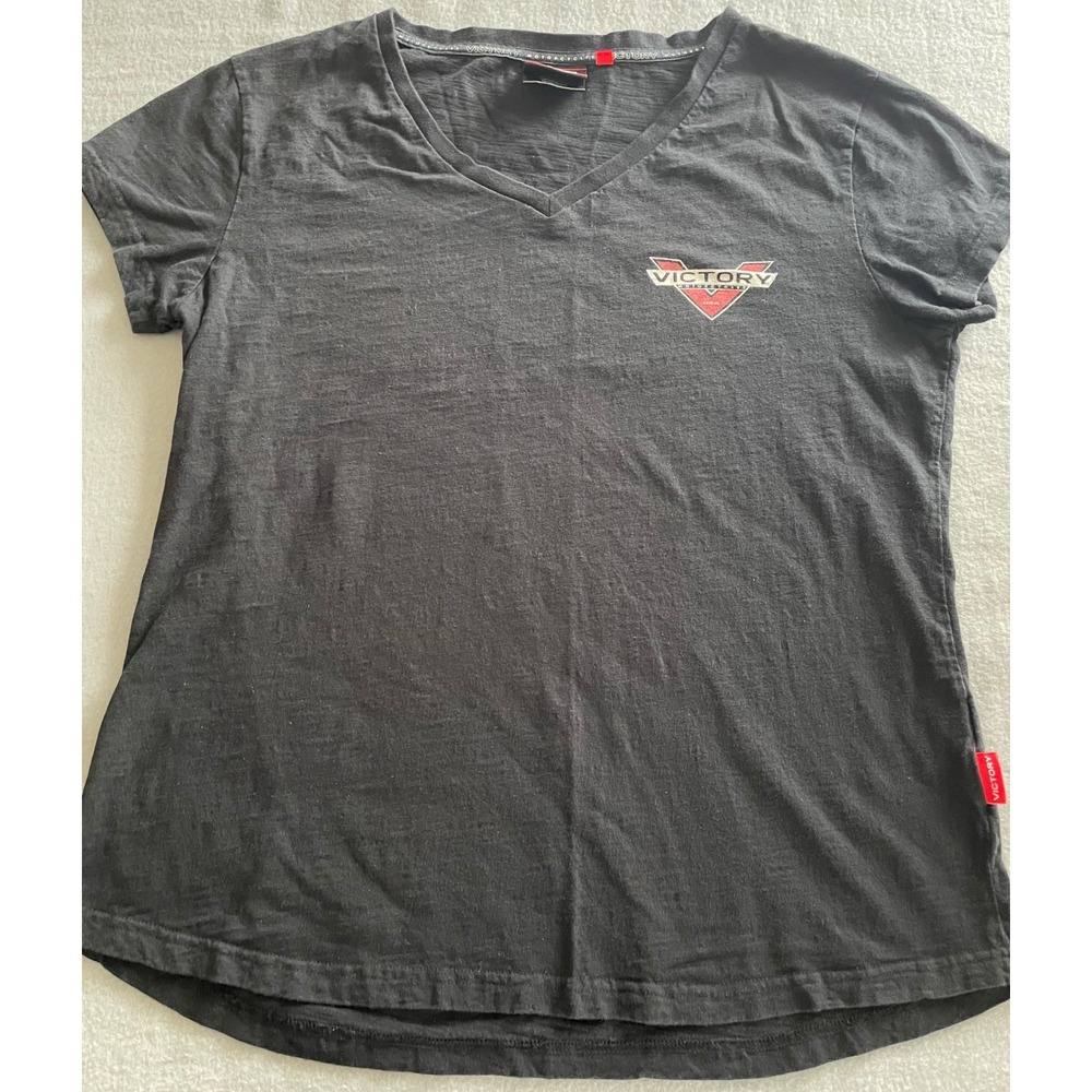 Victory Motorcycles‎ Womens XL V-Neck Graphic T-Shirt Black Cotton Biker Tee